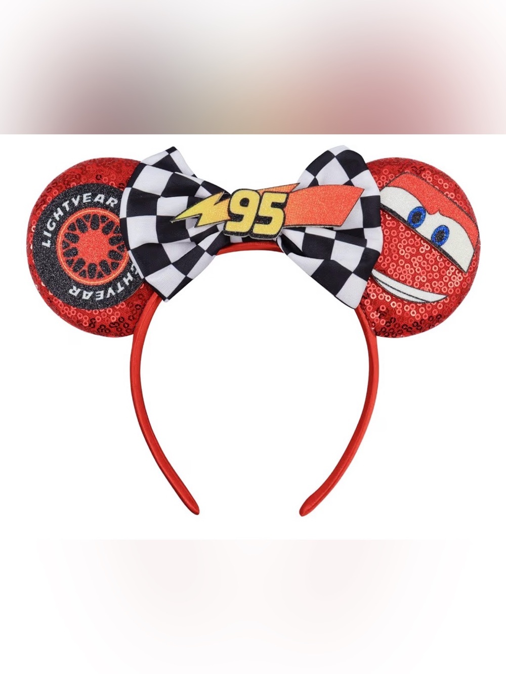 Disney Cars Lightning McQueen Red Kids Ear Headband with Checkered Bow